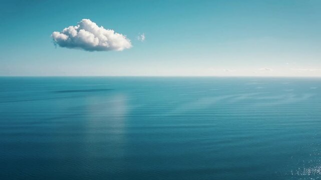 solitary cloud shadow endless calm ocean, top-down drone view, bright sunlight, minimalistic vast empty sea, 4K cinematic subtle ocean waves, existential mood, long aerial tracking shot