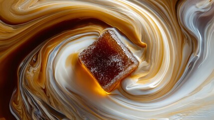 Sugar cube dissolving in black tea with milk swirl creating abstract patterns