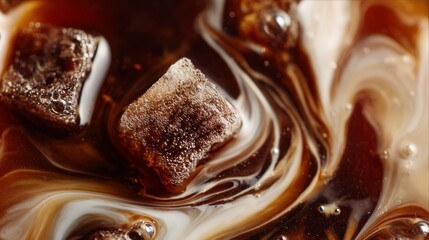 Sugar cube dissolving in black tea with milk swirl creating abstract patterns