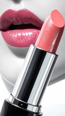 Close-Up of Pink Lipstick with Glossy Lips in Fashion Photography