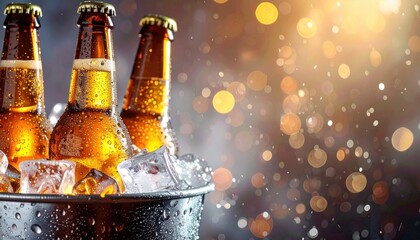 Refreshing Bottles of Beer Chilled in Ice with Bokeh Background