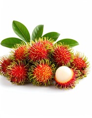 Fresh Rambutan Fruits with Green Leaves on White Background