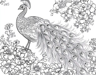 Fototapeta premium Ornate peacock amidst floral design, artistic monochrome illustration