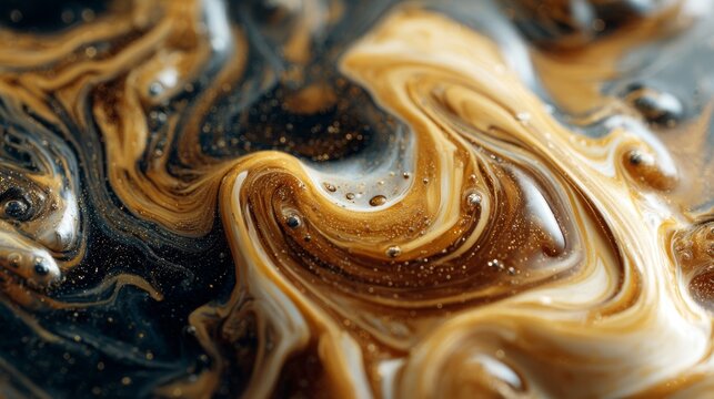 Sugar cube dissolving in black tea with milk swirl creating abstract patterns