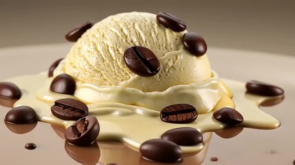 Creamy vanilla ice cream scoop topped with coffee beans, melting on a smooth plate, evoking indulgence