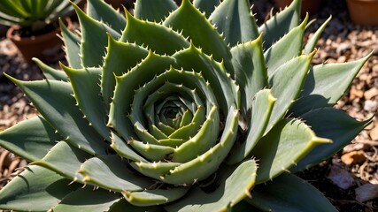 Obraz premium Close-up of a spiral succulent plant with sharp green leaves