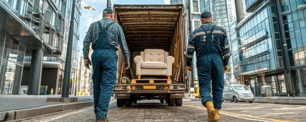 Fototapeta premium Two workers transporting furniture in a modern urban environment