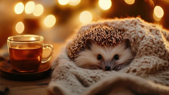 A hedgehog snuggled under a warm blanket, enjoying a cup of tea. Holiday cheer captured in an adorable moment.