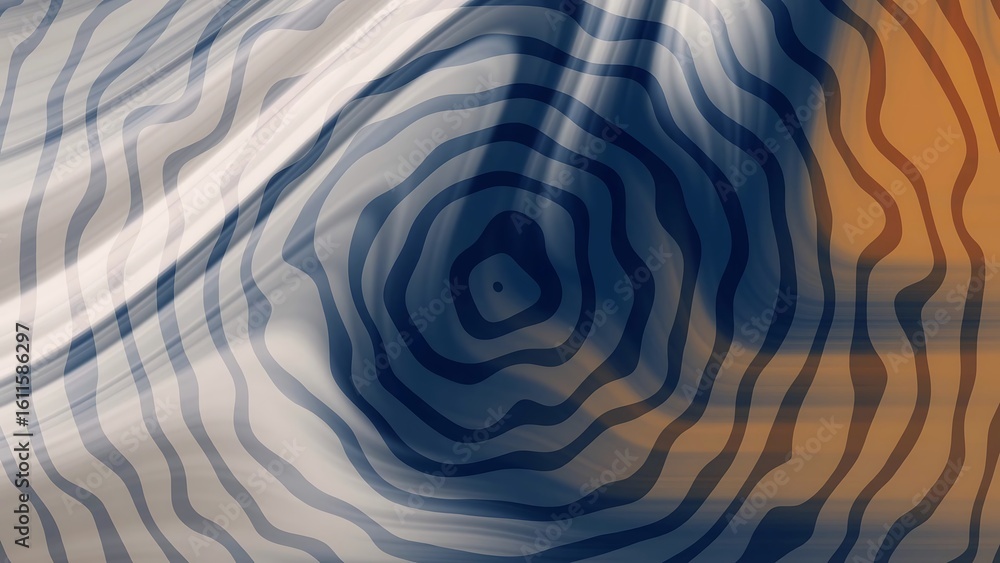 Poster prismatic bronze deep blue abstract topographic pattern with concentric circles and wavy lines in bl