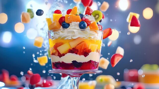 Colorful fruit dessert parfait in glass cup on blue background