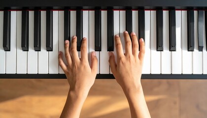Hands Playing Piano Keys, Top-Down View, Musical Instrument, Wooden Surface, Artistic Composition.