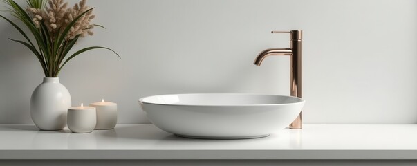 Sleek white vessel sink, minimalist countertop , bathroom design, vanity