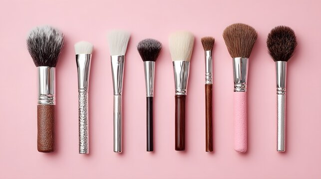 Various makeup brushes arranged on a pink background. - Powered by Adobe