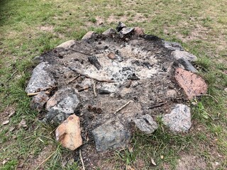 Extinguished Campfire Ring with Ash and Rocks