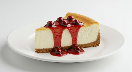 Cheesecake Slice with Cherry Topping on White Plate