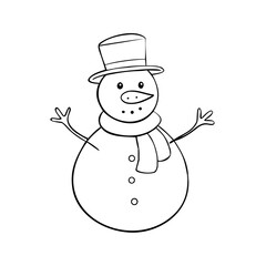 Outline snowman with hat and scarf on white background, is cute and simple. Winter snowman image is suited for use in coloring books or holiday crafts. Easy outline snowman is a playful,