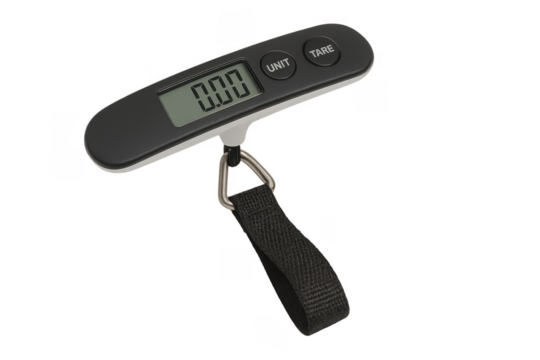 Portable electronic scale showing zero on transparent background
