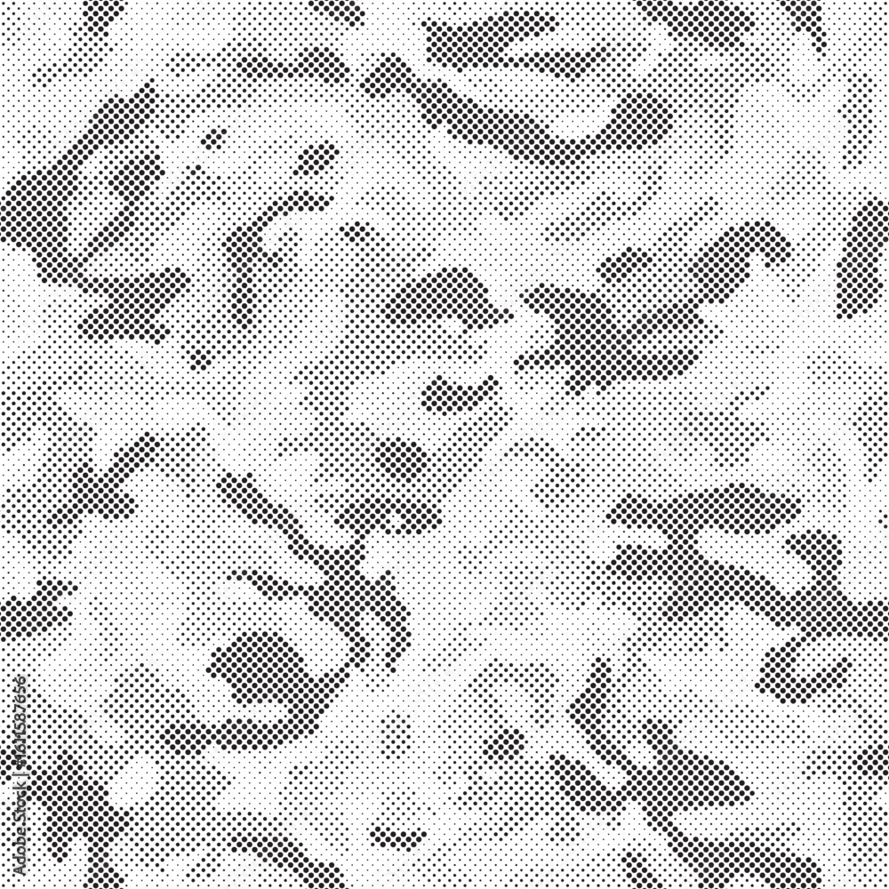Poster abstract halftone seamless camouflage pattern. repeating digital dotted hexagonal camo military text