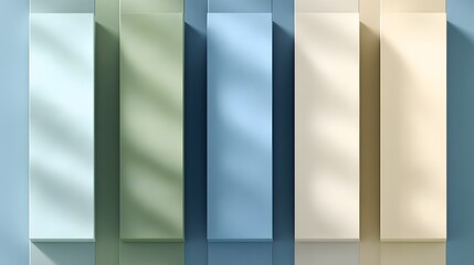 Pastel-colored rectangular displays with natural light shadows.