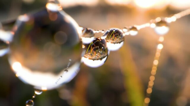 Beautiful morning dew drops sparkling on a spider web and grass with a golden sunrise background