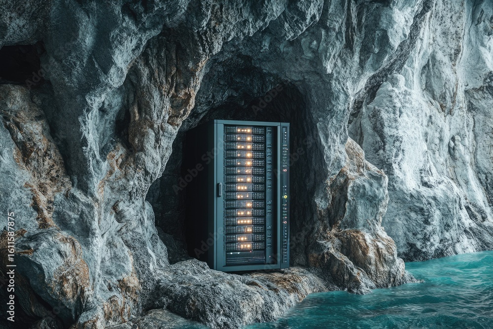 Poster a server rack sits inside a dark cave near water, symbolizing secure and hidden data storage.