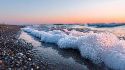 Frothy waves at dawn on a pebbled beach.