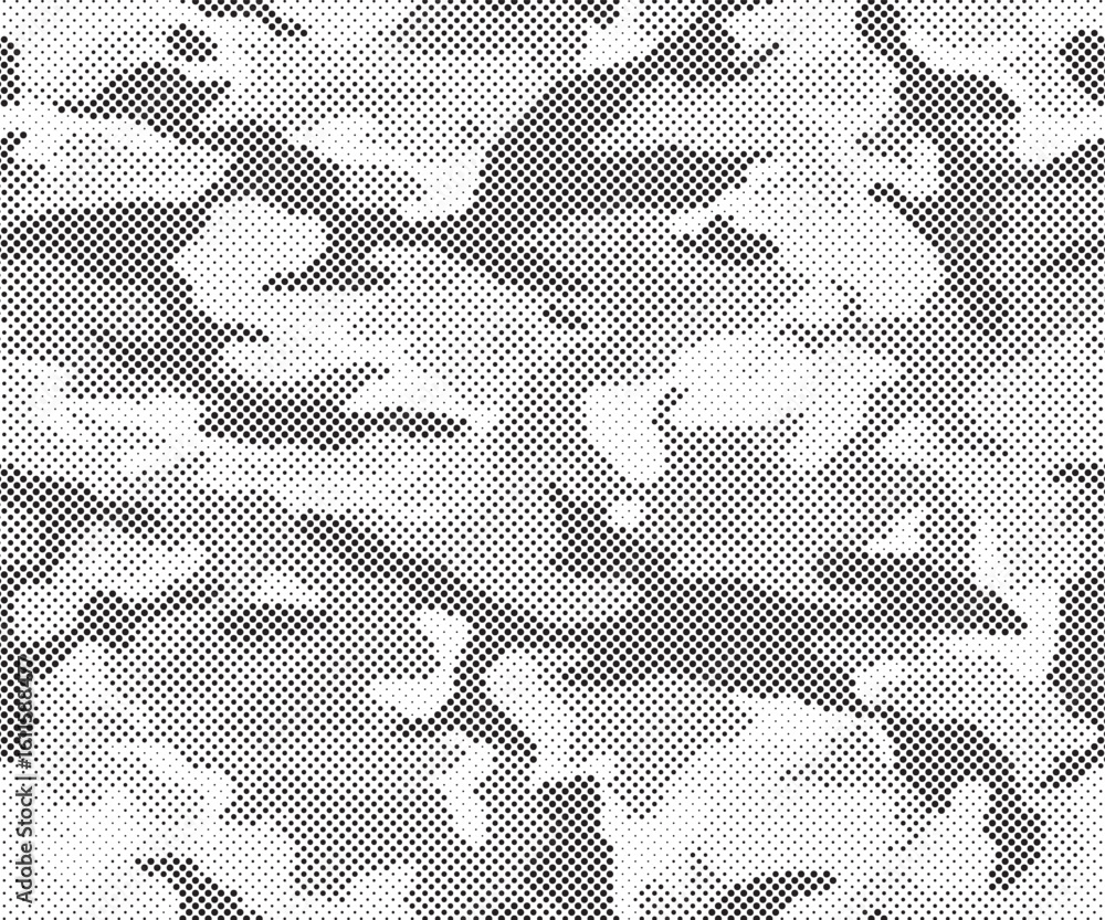 Poster abstract halftone seamless camouflage pattern. repeating digital dotted hexagonal camo military text