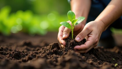 Hands planting sapling in rich soil, garden closeup, earth, garden, young tree