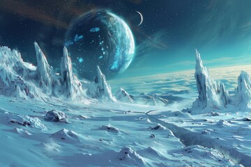 Fototapeta premium Snow covered alien planet landscape with towering ice formations, a turquoise sky, and a large, glowing planet in the background