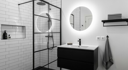 Modern bathroom interior featuring a sleek shower, minimalist design, and stylish lighting