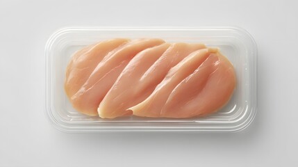 Sliced raw chicken breast in a clear plastic container.