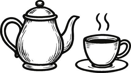 A vector illustration of traditional ceramic tea and coffee drinkware, featuring isolated teapots, cups, jugs, and glasses on a white background