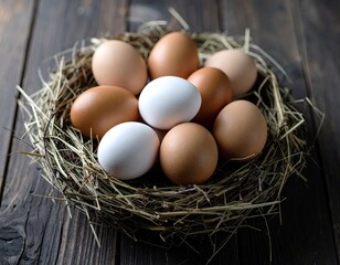 Fresh eggs nestled in a straw nest.
