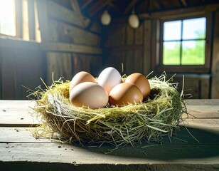 Fresh eggs nestled in a rustic straw nest.