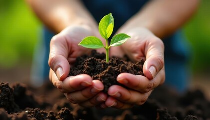 Protecting young plant, cupped in gentle hands, rich brown soil, leaves, flora
