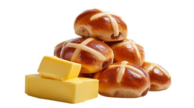 Hot Cross Buns Stacked with Butter on Transparent Backdrop