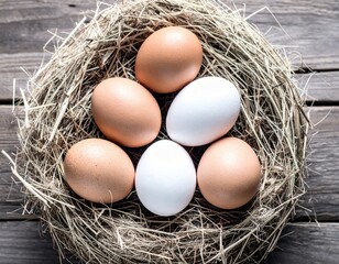 Eggs nestled in a straw nest.