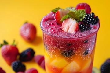 Refreshing sparkling summer fruit cocktail drink with blackberries, strawberries, raspberries, and mint