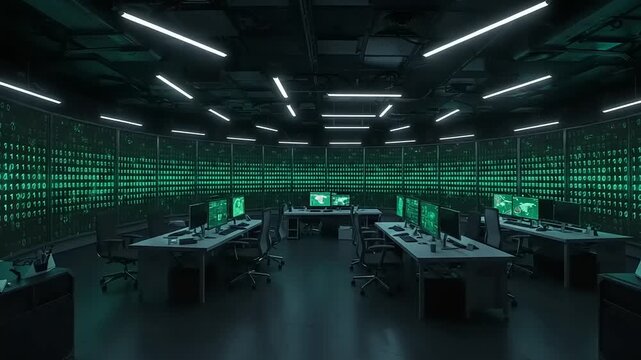 Secure server room with glowing digital displays.