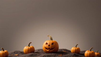 Halloween Pumpkin Gathering: A festive display of carved pumpkins sit on a bed of soil against a neutral backdrop, evoking a sense of spooky delight and autumnal charm. 