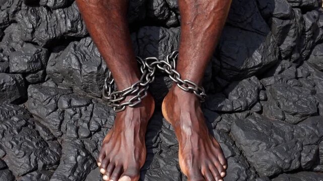 Black man's legs attached with a chain to black volcanic rock, slavery history