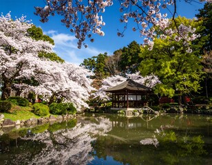 Cherry blossoms over a pond