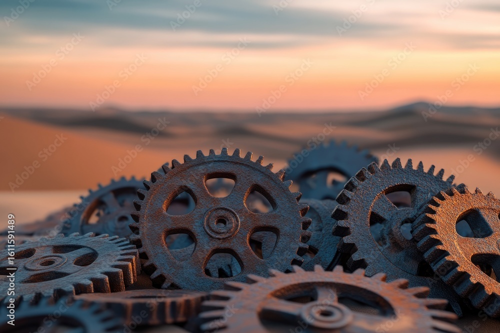 Poster rusty gears interlock against a desert sunset backdrop, symbolizing complex mechanisms and intricate