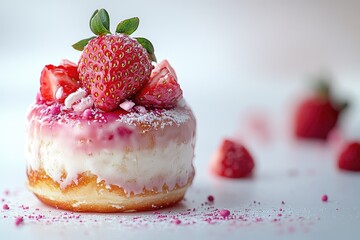 Strawberry donut topped with fresh strawberries, glaze, and pink sprinkles.