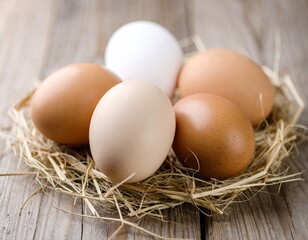 Several eggs nestled in a bed of straw.