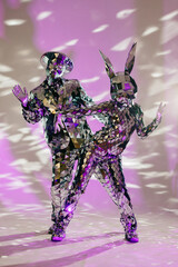 Mirror dancers performing on stage with purple lighting
