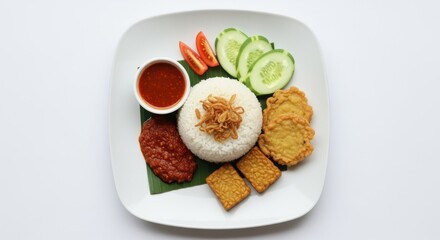 Delicious traditional meal featuring rice, sambal, fried tempeh, and fresh vegetables on a plate