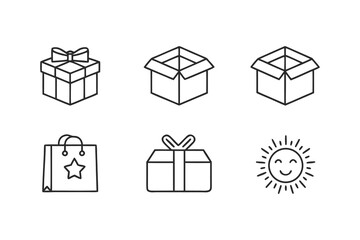 Gift and Celebration Line Icons Set &ndash; Includes Gift Boxes, Tags, Open Packages, Envelope with Star, and Smiley Face