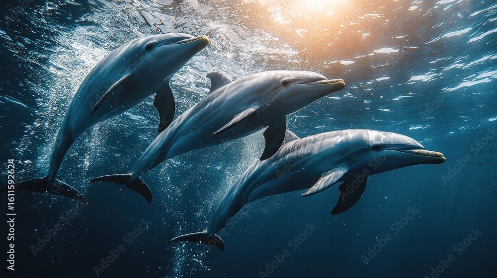 Poster dolphins glide effortlessly in crystal clear waters, showcasing their agility and grace beneath sunl
