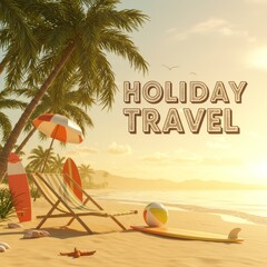 Tropical still life. dawn on the sandy coast with palm trees. sun lounger, ball and surfboard on the beach. Holiday Travel Concept